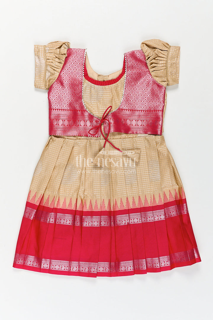 The Nesavu Silk Frock Girls Simple Silk Frocks in Semi Kanchivaram with Golden Bodice and Pink Zari Pleated Skirt and Puff Sleeves Nesavu 14 (6M) / Cream / Style 2 SF857EB-14 Nesavu Girls Simple Silk Frocks Semi Kanchivaram Gold Bodice Pink Zari Pleated Skirt