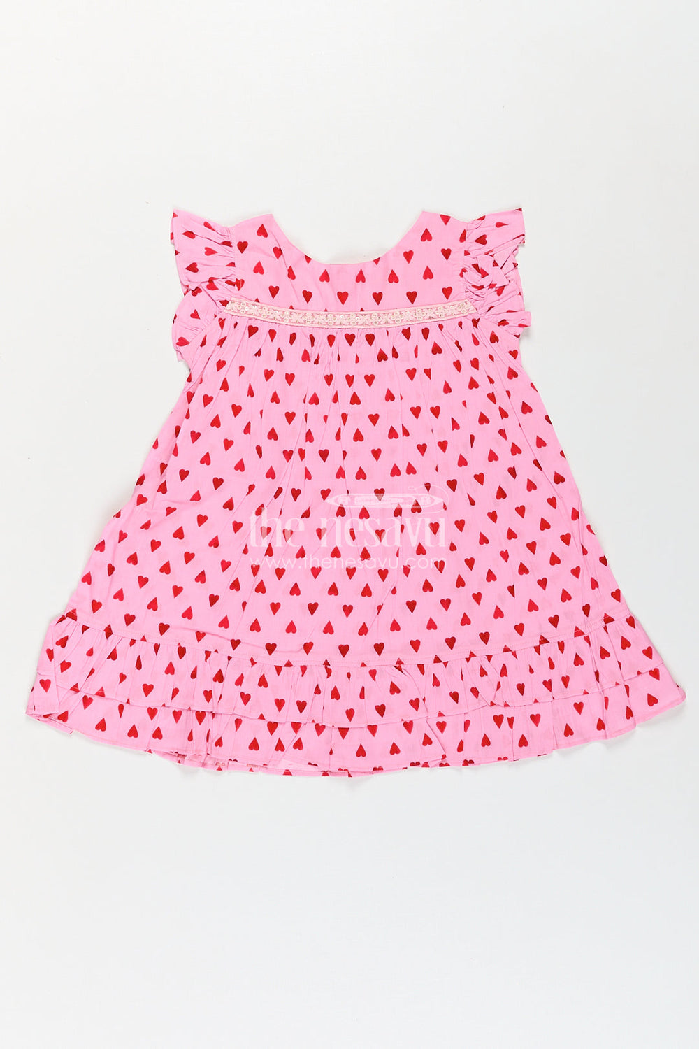 The Nesavu Girls Cotton Frock Girls Single Piece Frock in Pink Cotton with Red Heart Digital Print and Ruffled Finish Nesavu 18 (2Y) / Pink GFC1765A-18 Nesavu Girls Pink Cotton Single Piece Frock Red Heart Print Ruffle Hem Detailing
