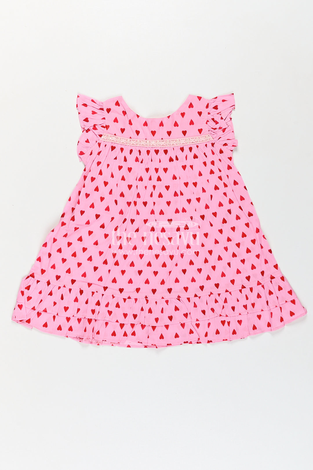 The Nesavu Girls Cotton Frock Girls Single Piece Frock in Pink Cotton with Red Heart Digital Print and Ruffled Finish Nesavu 18 (2Y) / Pink GFC1765A-18 Nesavu Girls Pink Cotton Single Piece Frock Red Heart Print Ruffle Hem Detailing