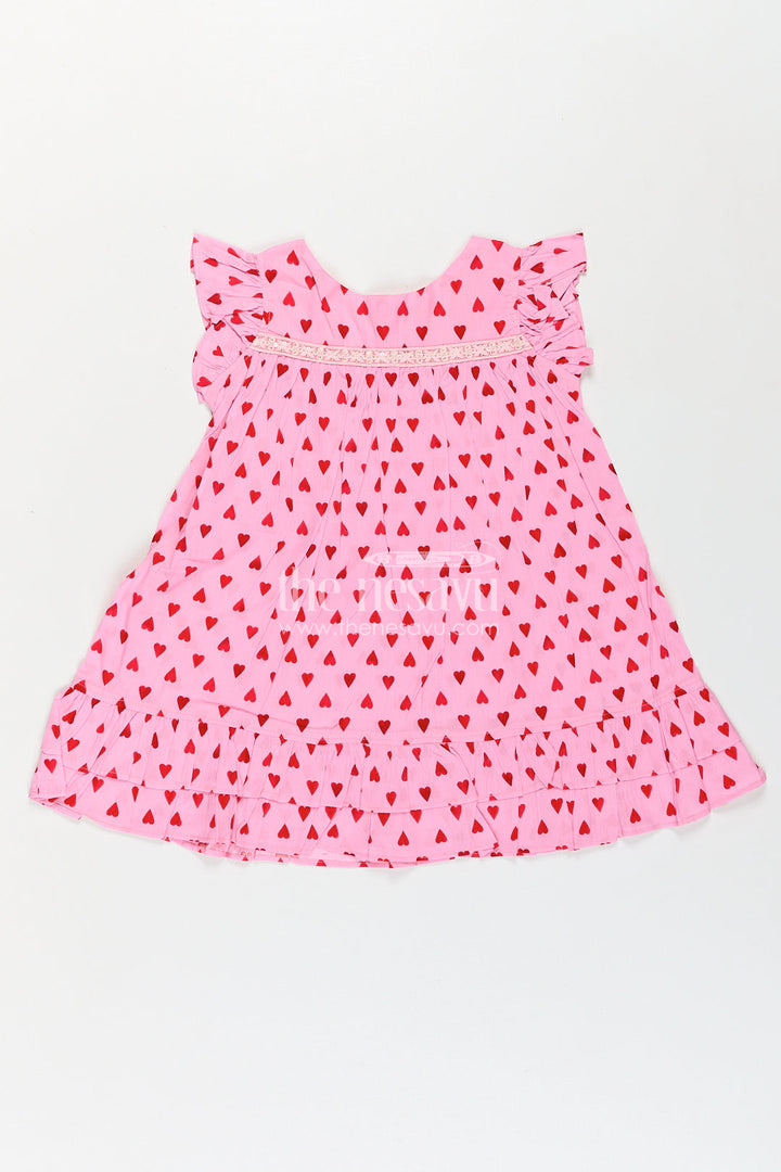 The Nesavu Girls Cotton Frock Girls Single Piece Frock in Pink Cotton with Red Heart Digital Print and Ruffled Finish Nesavu 18 (2Y) / Pink GFC1765A-18 Nesavu Girls Pink Cotton Single Piece Frock Red Heart Print Ruffle Hem Detailing