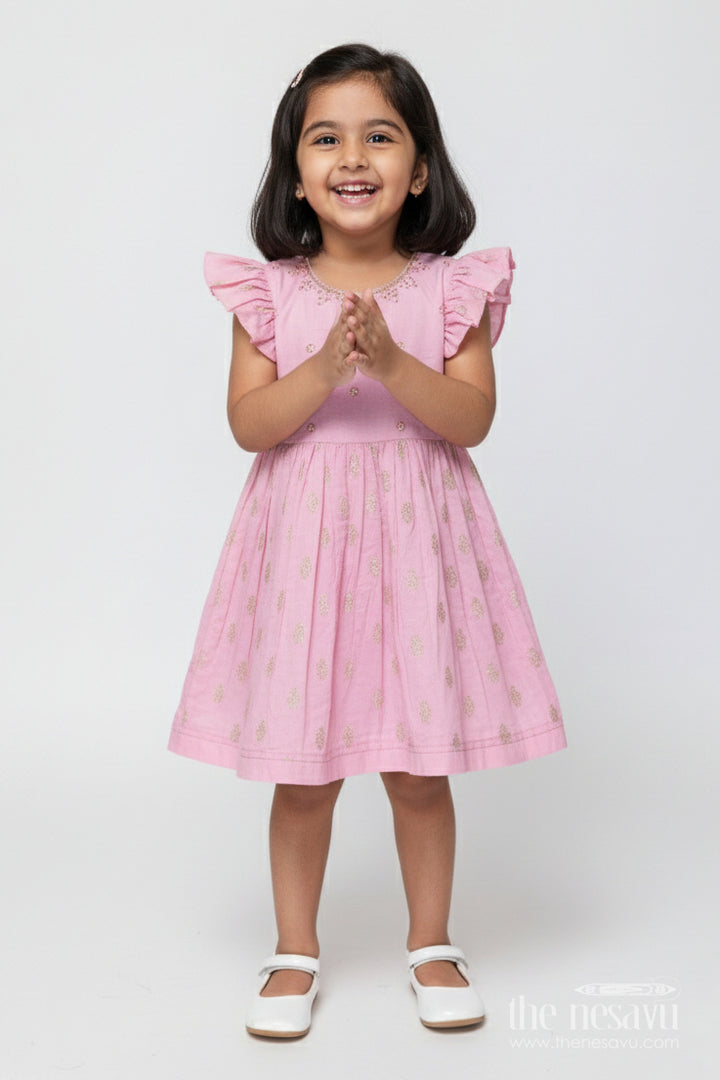 The Nesavu Girls Chanderi Frock Girls Sleeveless Chanderi Frock for Birthday and Festive Wear Nesavu 16 (1Y) / Pink GFC2014A-16 Nesavu girls chanderi cotton frock gold motif print birthdays festive occasions