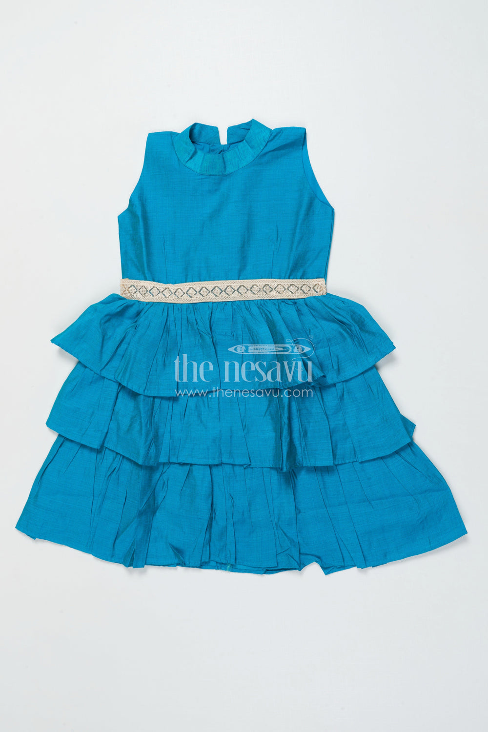 The Nesavu Girls Chanderi Frock Girls Sleeveless Chanderi Frock for Festive Events and Ethnic Days Nesavu 18 (2Y) / Blue GFC2011D-18 Nesavu girls blue chanderi frock festive family gatherings ethnic school wear