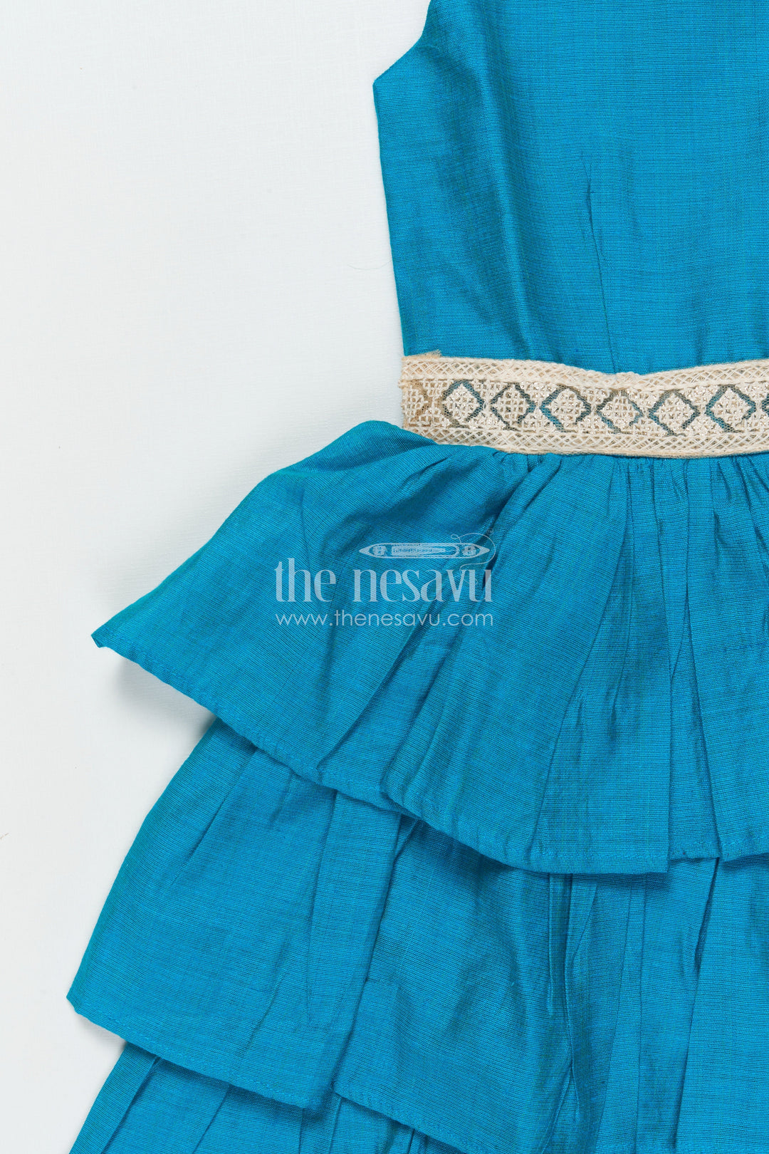 The Nesavu Girls Chanderi Frock Girls Sleeveless Chanderi Frock for Festive Events and Ethnic Days Nesavu Nesavu girls blue chanderi frock festive family gatherings ethnic school wear