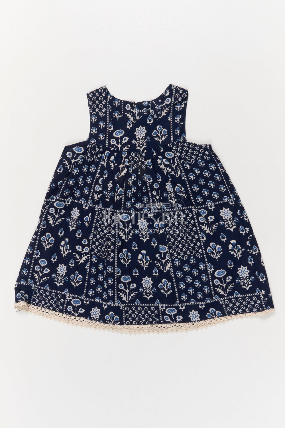 The Nesavu Girls Cotton Frock Girls Sleeveless Cotton Frock in Black with Indigo-style Block Print Nesavu 16 (1Y) / Black GFC2057A-16 Nesavu black sleeveless cotton frock for girls with block digital print – ethnic casual wear