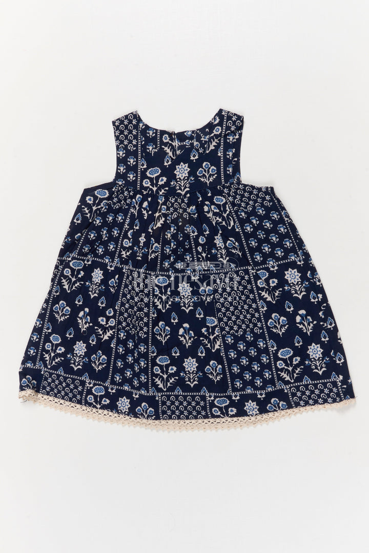The Nesavu Girls Cotton Frock Girls Sleeveless Cotton Frock in Black with Indigo-style Block Print Nesavu 16 (1Y) / Black GFC2057A-16 Nesavu black sleeveless cotton frock for girls with block digital print – ethnic casual wear