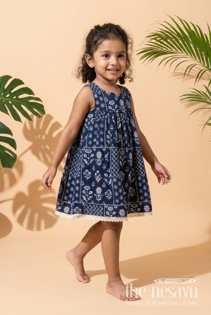 The Nesavu Girls Cotton Frock Girls Sleeveless Cotton Frock in Black with Indigo-style Block Print Nesavu 16 (1Y) / Black GFC2057A-16 Nesavu black sleeveless cotton frock for girls with block digital print – ethnic casual wear