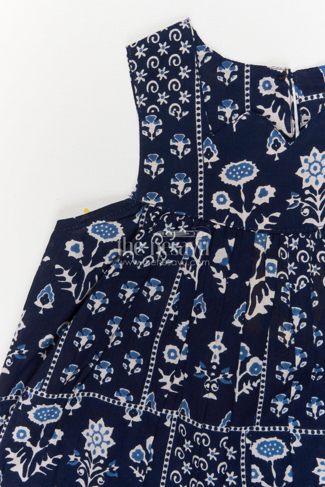 The Nesavu Girls Cotton Frock Girls Sleeveless Cotton Frock in Black with Indigo-style Block Print Nesavu Nesavu black sleeveless cotton frock for girls with block digital print – ethnic casual wear