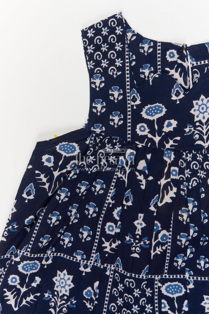 The Nesavu Girls Cotton Frock Girls Sleeveless Cotton Frock in Black with Indigo-style Block Print Nesavu Nesavu black sleeveless cotton frock for girls with block digital print – ethnic casual wear