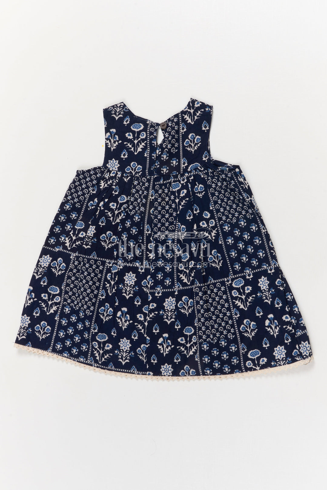 The Nesavu Girls Cotton Frock Girls Sleeveless Cotton Frock in Black with Indigo-style Block Print Nesavu Nesavu black sleeveless cotton frock for girls with block digital print – ethnic casual wear