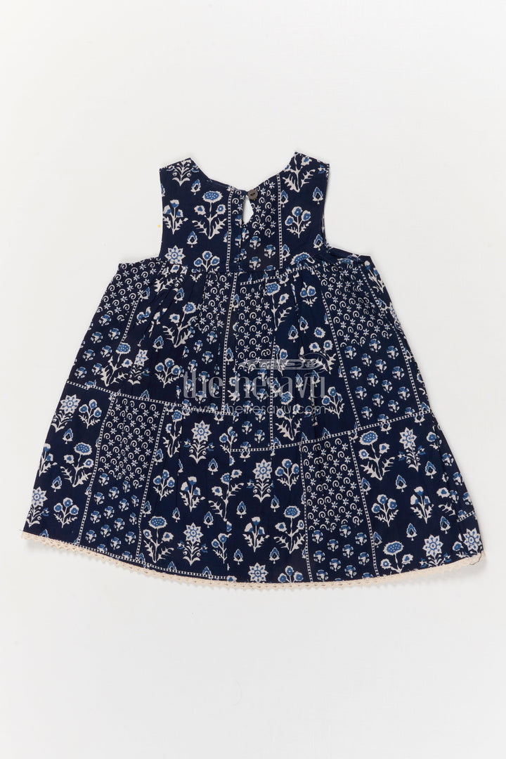 The Nesavu Girls Cotton Frock Girls Sleeveless Cotton Frock in Black with Indigo-style Block Print Nesavu Nesavu black sleeveless cotton frock for girls with block digital print – ethnic casual wear