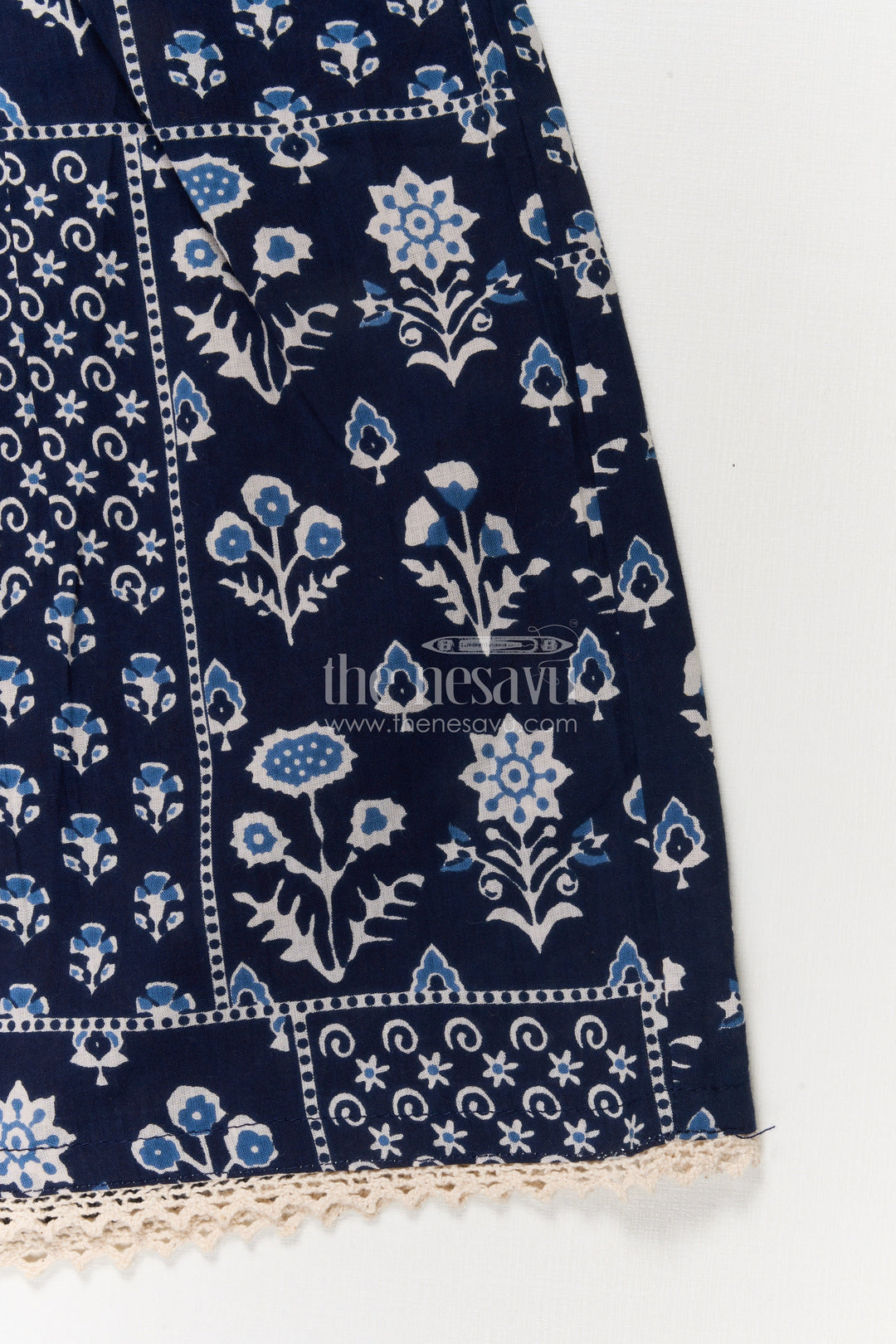 The Nesavu Girls Cotton Frock Girls Sleeveless Cotton Frock in Black with Indigo-style Block Print Nesavu Nesavu black sleeveless cotton frock for girls with block digital print – ethnic casual wear