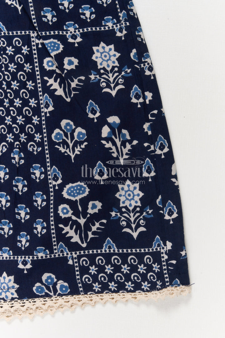 The Nesavu Girls Cotton Frock Girls Sleeveless Cotton Frock in Black with Indigo-style Block Print Nesavu Nesavu black sleeveless cotton frock for girls with block digital print – ethnic casual wear