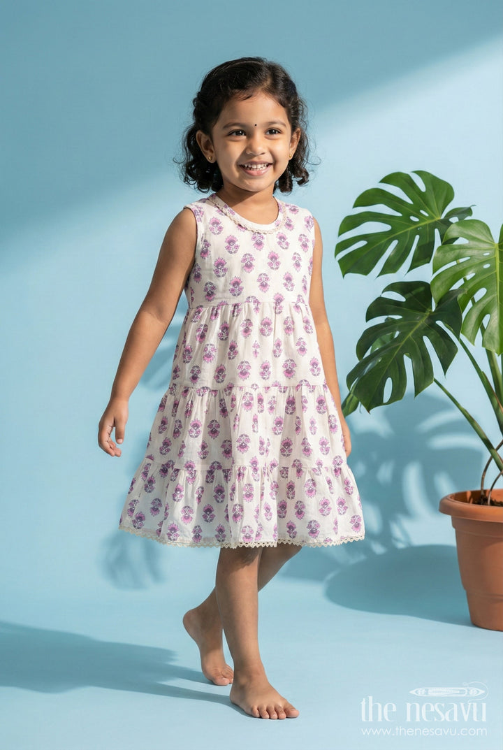 The Nesavu Girls Cotton Frock Girls Sleeveless Cotton Frock in Purple Block Print for Casual Chic Days Nesavu 16 (1Y) / Purple GFC2051A-16 Nesavu purple block-printed sleeveless cotton frock for girls – perfect for summer play and outings