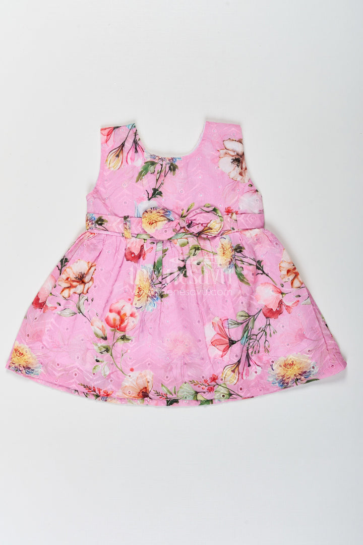 The Nesavu Baby Cotton Frocks Girls Sleeveless Flower Frock in Hakoba Cotton with Multicolor Floral Print and Soft Pink Base Nesavu 14 (6M) / Pink BFJ757A-14 Nesavu Sleeveless Flower Frock Girls Hakoba Cotton Pink Multicolor Floral Print