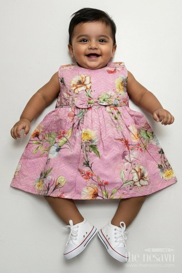 The Nesavu Baby Cotton Frocks Girls Sleeveless Flower Frock in Hakoba Cotton with Multicolor Floral Print and Soft Pink Base Nesavu 14 (6M) / Pink BFJ757A-14 Sleeveless Flower Frock Girls Hakoba Cotton Pink Multicolor Floral Print | The Nesavu