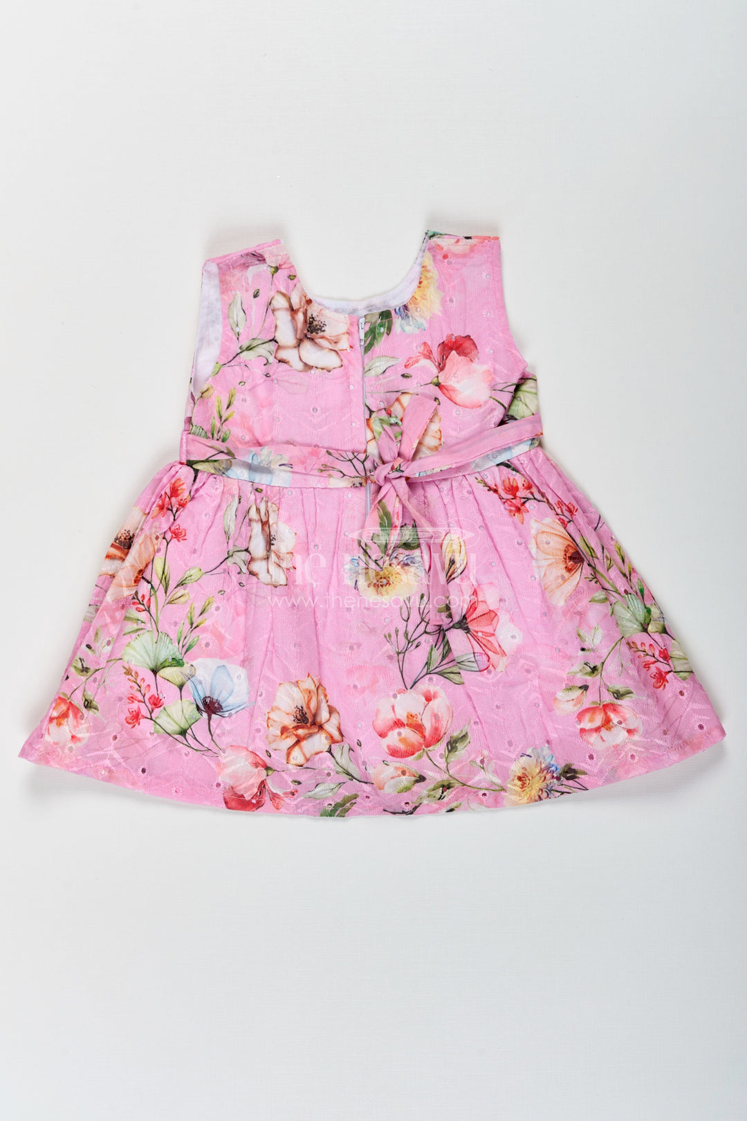 The Nesavu Baby Cotton Frocks Girls Sleeveless Flower Frock in Hakoba Cotton with Multicolor Floral Print and Soft Pink Base Nesavu Nesavu Sleeveless Flower Frock Girls Hakoba Cotton Pink Multicolor Floral Print