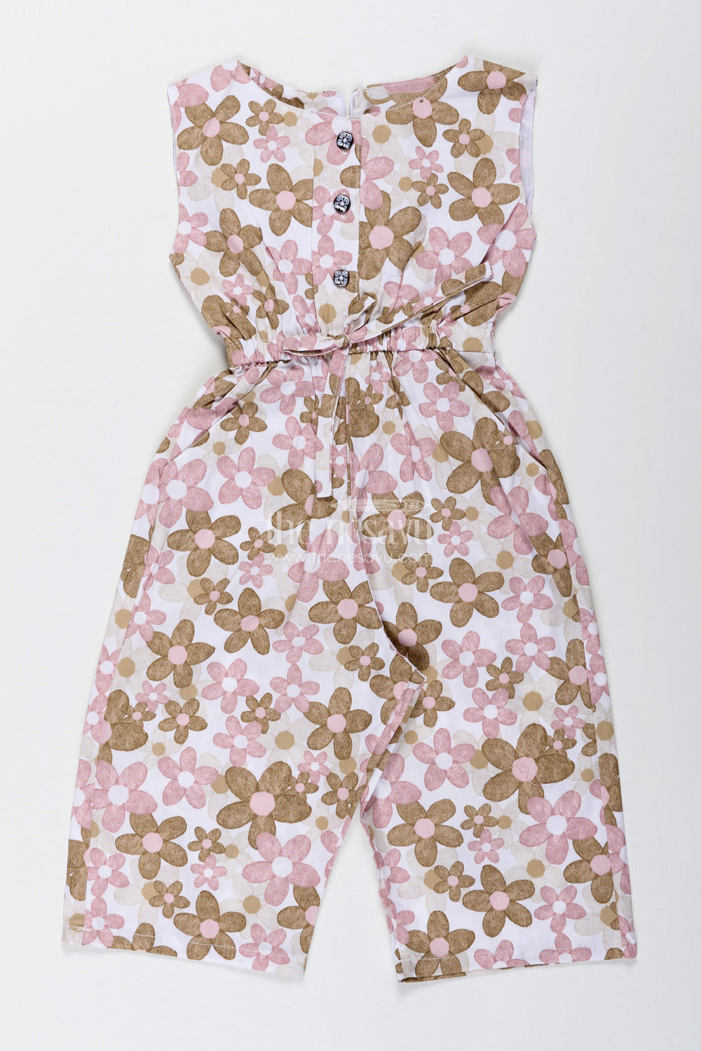 The Nesavu Girls Jumpsuit Girls Sleeveless Jumpsuit with Floral Print for Everyday Wear and Travel Nesavu 20 (3Y) / Green GFC1903A-20 Nesavu Girls Beige Floral Cotton Jumpsuit Sleeveless Wide-Leg Design Casual Days