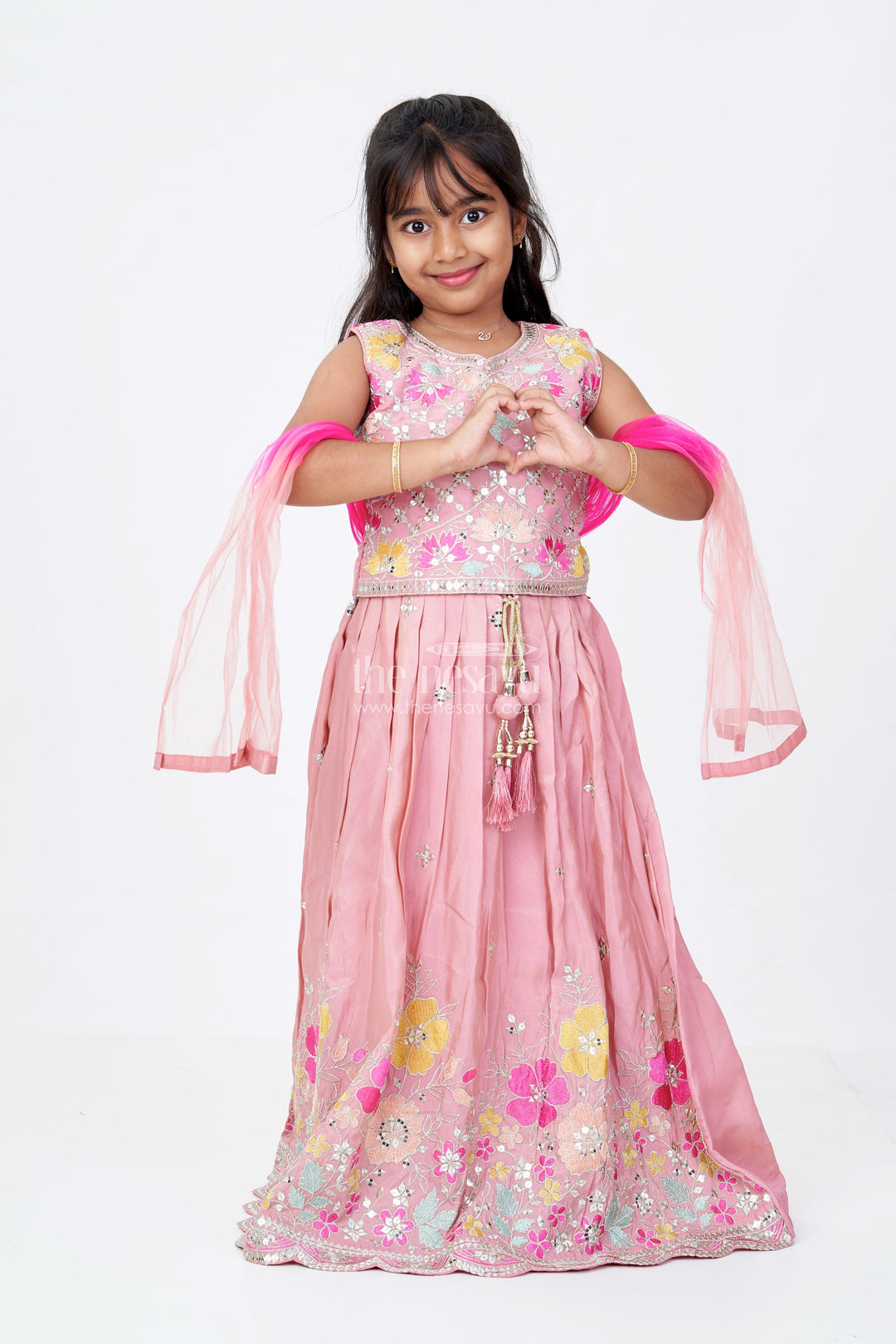 The Nesavu Girls Lehenga Choli Girls Sleeveless Lehenga in Pink Pure Tissue Silk with Floral Thread Embroidery and Mirror Work Nesavu 24 (5Y) / Pink GL611A-24 Nesavu Girls Sleeveless Lehenga Pure Tissue Silk Floral Embroidery Mirror Work Dupatta