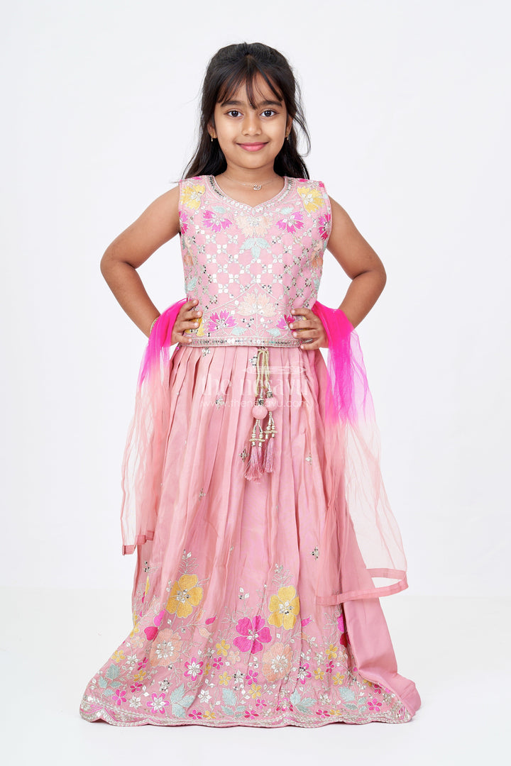The Nesavu Girls Lehenga Choli Girls Sleeveless Lehenga in Pink Pure Tissue Silk with Floral Thread Embroidery and Mirror Work Nesavu Nesavu Girls Sleeveless Lehenga Pure Tissue Silk Floral Embroidery Mirror Work Dupatta