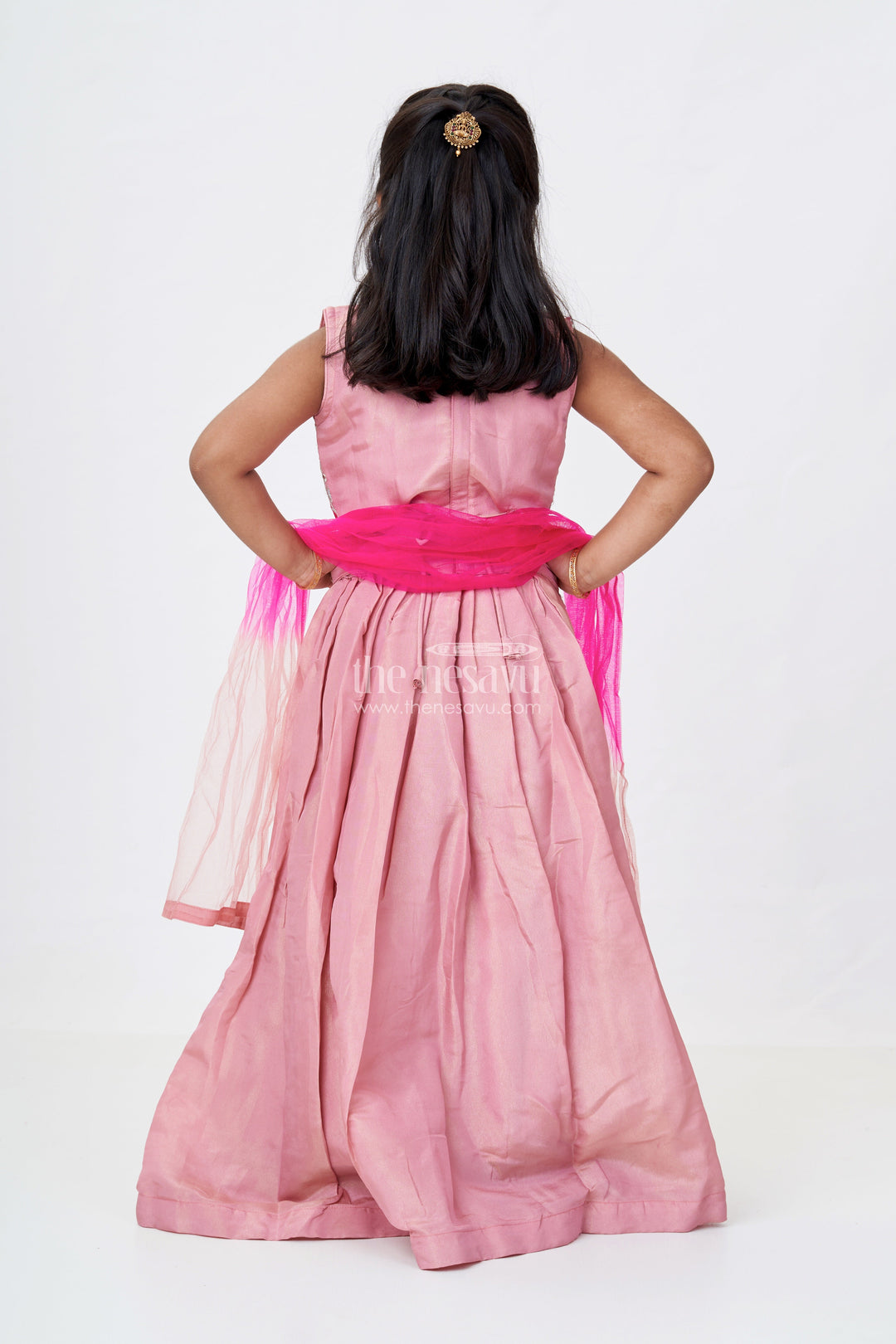 The Nesavu Girls Lehenga Choli Girls Sleeveless Lehenga in Pink Pure Tissue Silk with Floral Thread Embroidery and Mirror Work Nesavu Nesavu Girls Sleeveless Lehenga Pure Tissue Silk Floral Embroidery Mirror Work Dupatta