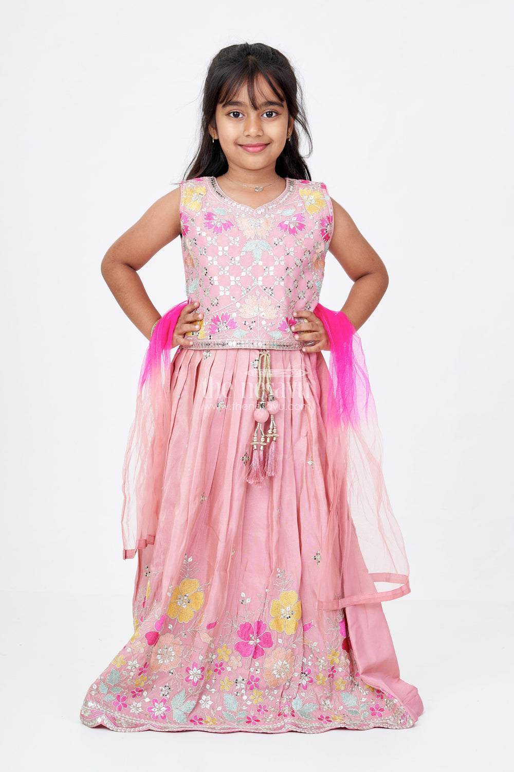 The Nesavu Girls Lehenga Choli Girls Sleeveless Lehenga in Pink Pure Tissue Silk with Floral Thread Embroidery and Mirror Work Nesavu Nesavu Girls Sleeveless Lehenga Pure Tissue Silk Floral Embroidery Mirror Work Dupatta