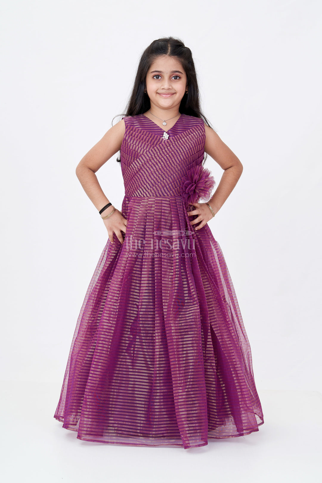 The Nesavu Girls Party Gown Girls Sleeveless Long Anarkali Dress in Softnet with Gold Shimmer Stripes and Elegant Floral Waist Accent Nesavu 20 (3Y) / Purple GA302A-20 Nesavu Girls Sleeveless Long Anarkali Dress Softnet Gold Shimmer Stripes Net Floral Accent