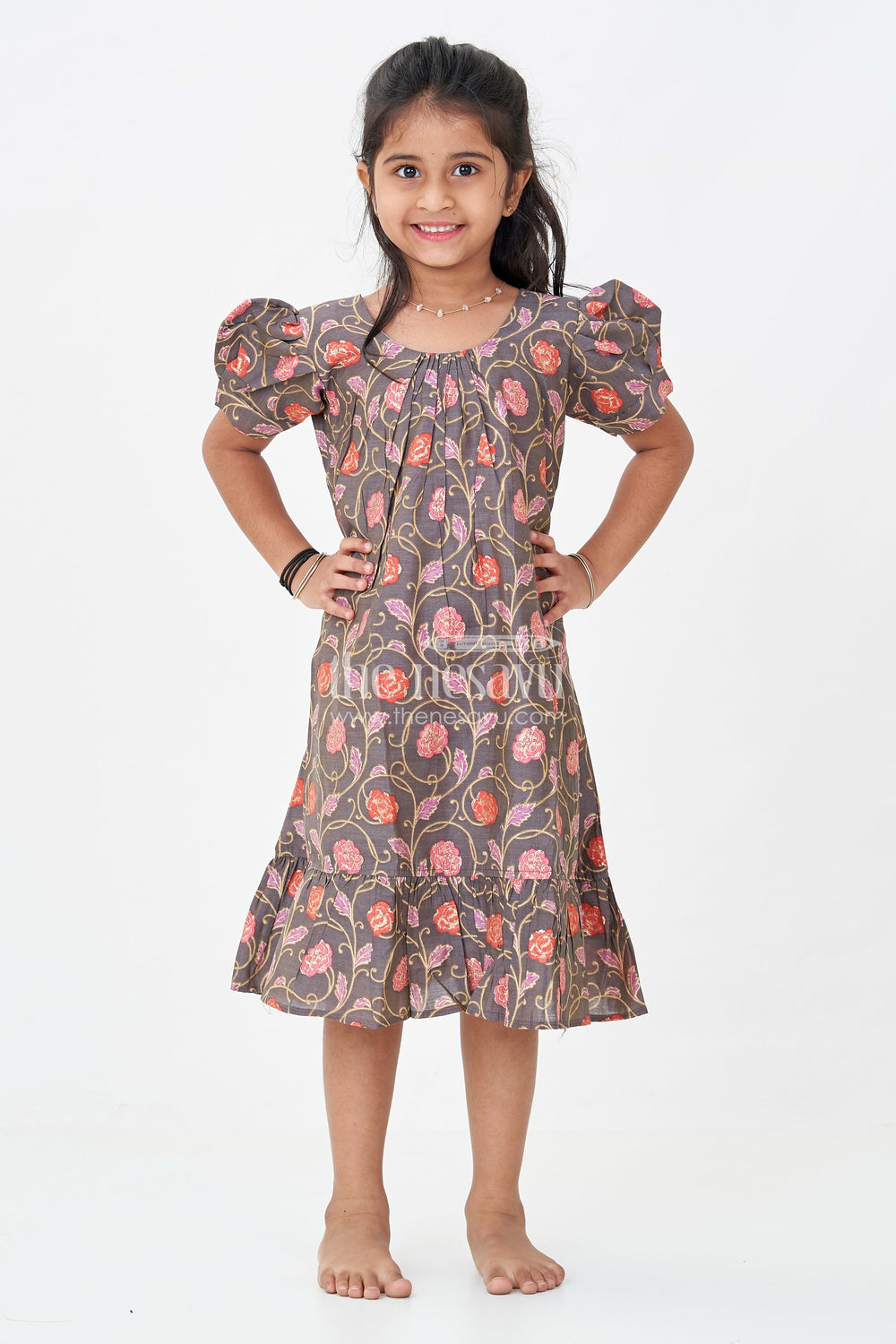 The Nesavu Girls Fancy Frock Girls Small Frock Design in Brown Muslin Silk with Red Floral Print and Flared Ruffle Hem Nesavu 18 (2Y) / Gray GFC1756A-18 Nesavu Small Frock Design Girls Brown Muslin Silk Floral Digital Print Ruffle Hem