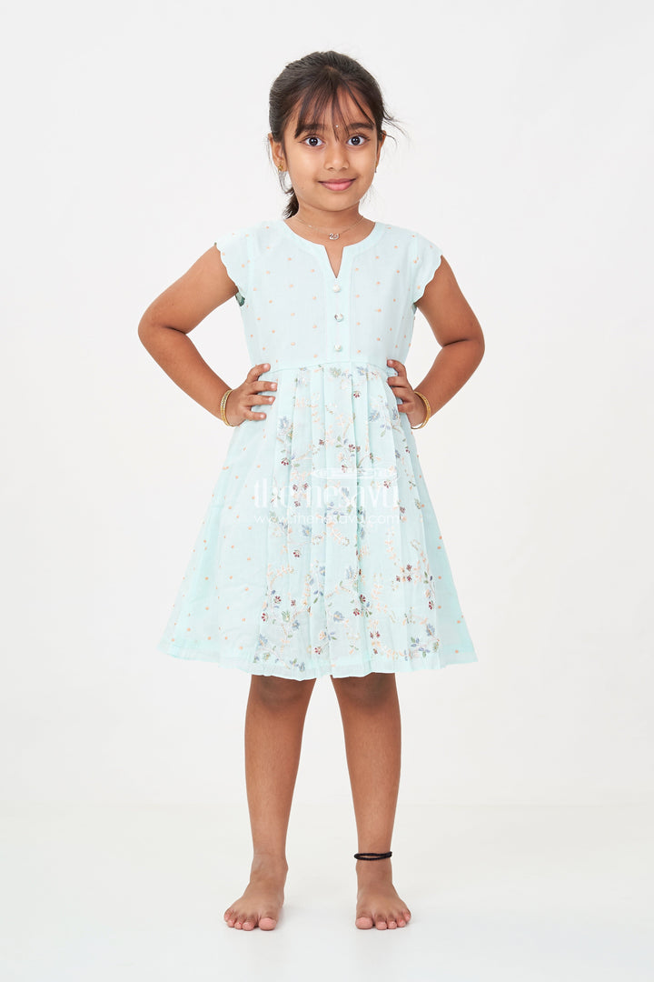 The Nesavu Girls Cotton Frock Girls Soft Cotton Frocks in Mint Green with Embroidered Pleated Panels and Sequin Accents Nesavu Nesavu Girls Soft Cotton Frocks with Mint Green Embroidery and Sequin Front Panel Detailing