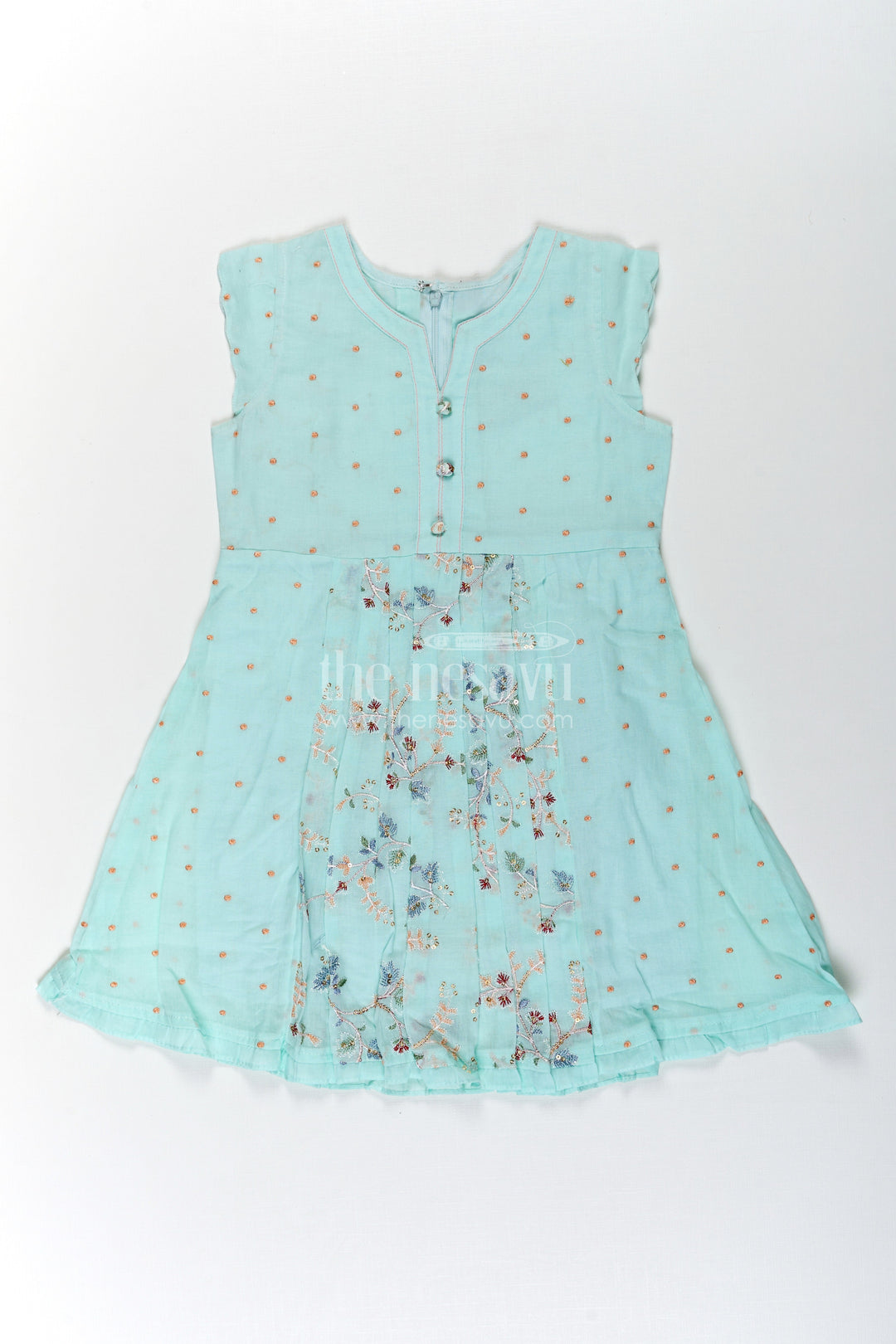The Nesavu Girls Cotton Frock Girls Soft Cotton Frocks in Mint Green with Embroidered Pleated Panels and Sequin Accents Nesavu Nesavu Girls Soft Cotton Frocks with Mint Green Embroidery and Sequin Front Panel Detailing