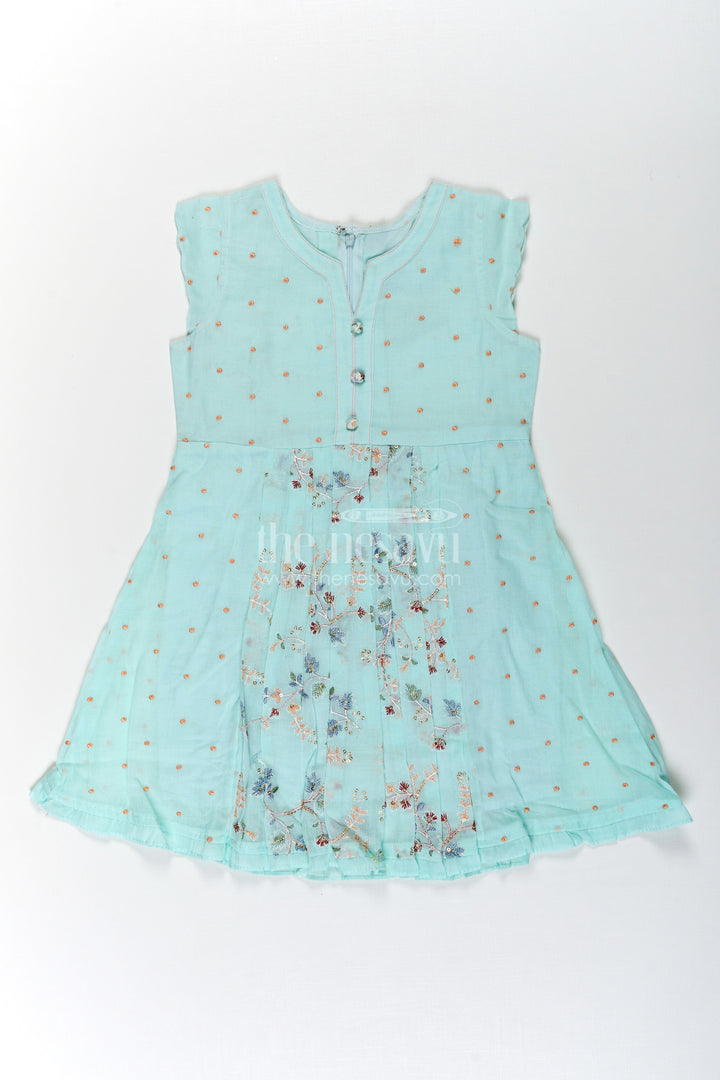 The Nesavu Girls Cotton Frock Girls Soft Cotton Frocks in Mint Green with Embroidered Pleated Panels and Sequin Accents Nesavu Nesavu Girls Soft Cotton Frocks with Mint Green Embroidery and Sequin Front Panel Detailing