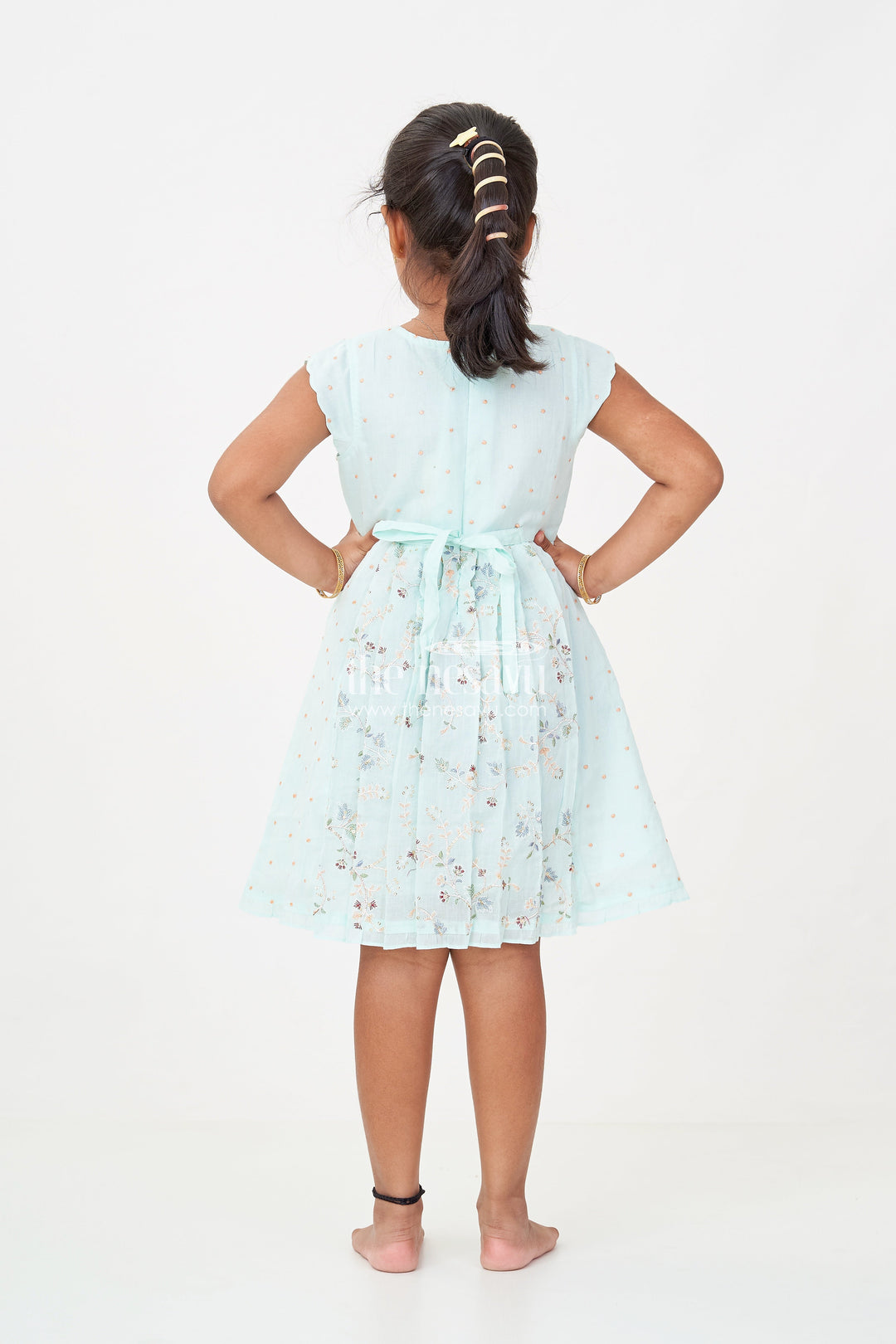 The Nesavu Girls Cotton Frock Girls Soft Cotton Frocks in Mint Green with Embroidered Pleated Panels and Sequin Accents Nesavu Nesavu Girls Soft Cotton Frocks with Mint Green Embroidery and Sequin Front Panel Detailing