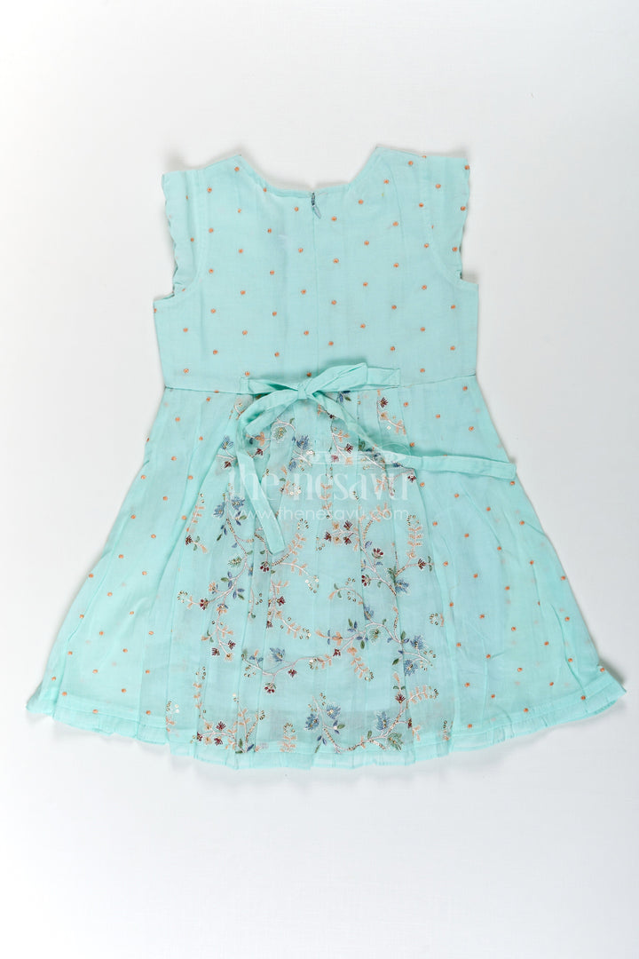 The Nesavu Girls Cotton Frock Girls Soft Cotton Frocks in Mint Green with Embroidered Pleated Panels and Sequin Accents Nesavu Nesavu Girls Soft Cotton Frocks with Mint Green Embroidery and Sequin Front Panel Detailing