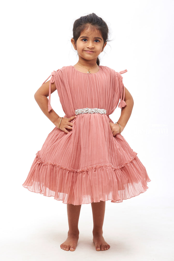 The Nesavu Girls Fancy Party Frock Girls Soft Pink Pleated Georgette Partywear Dress with Fashionable Poncho Sleeves Nesavu 16 (1Y) / Pink / Pleated Georgette PF159D-16 Girls Designer Party Frocks | Latest Fashion Trends | The Nesavu