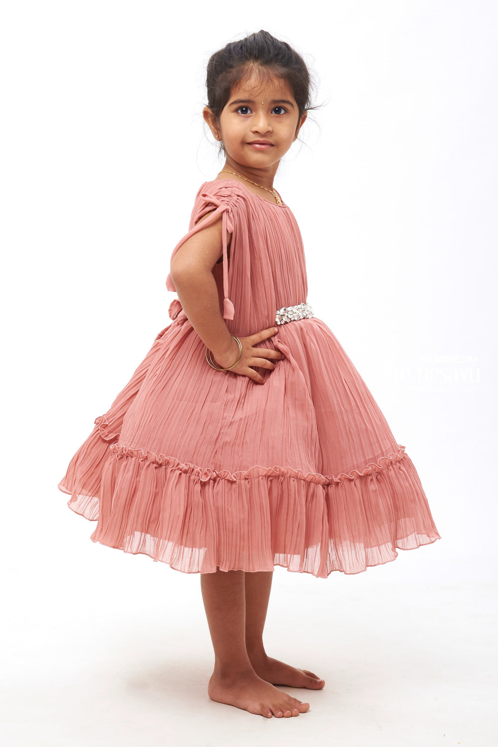 The Nesavu Girls Fancy Party Frock Girls Soft Pink Pleated Georgette Partywear Dress with Fashionable Poncho Sleeves Nesavu Girls Designer Party Frocks | Latest Fashion Trends | The Nesavu