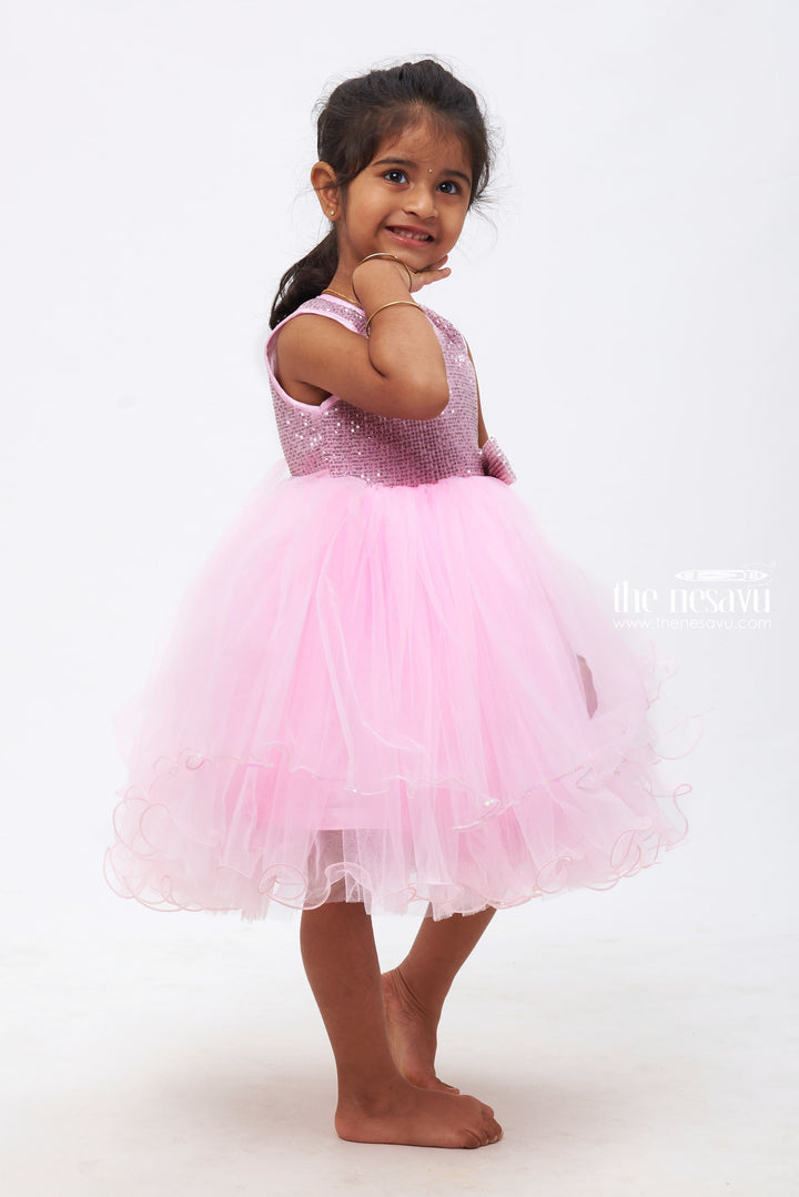 The Nesavu Girls Tutu Frock Girls' Soft Pink Tulle Dress with Sparkling Sequin Embroidery Nesavu 16 (1Y) / Pink / Plain Net PF161A-16 Delightful Elegance | Little Baby Frocks for Joyful Moments | The Nesavu