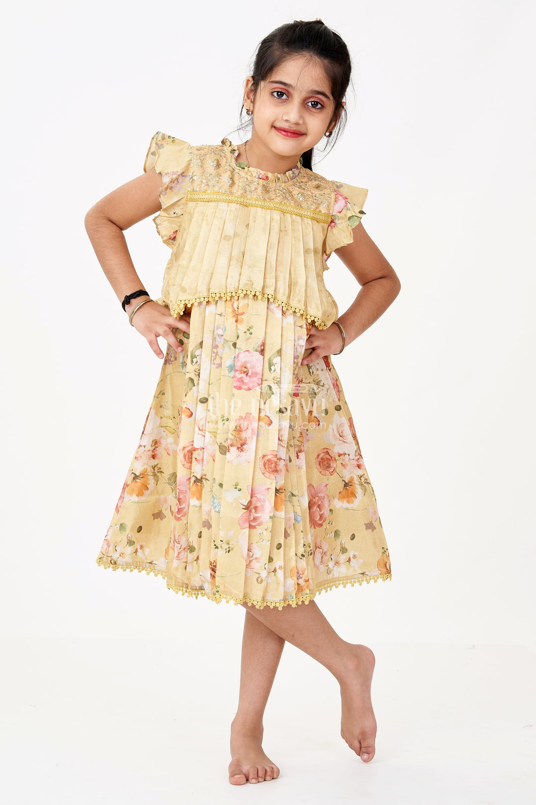 The Nesavu Girls Fancy Frock Girls Special Eid Frock in Yellow Cotton Blend with Floral Print and Sequin Embroidery Yoke Nesavu 22 (4Y) / Yellow GFC1410B-22 Nesavu Girls Special Eid Frock Yellow Floral Cotton Blend Sequin Embroidery Lace Details