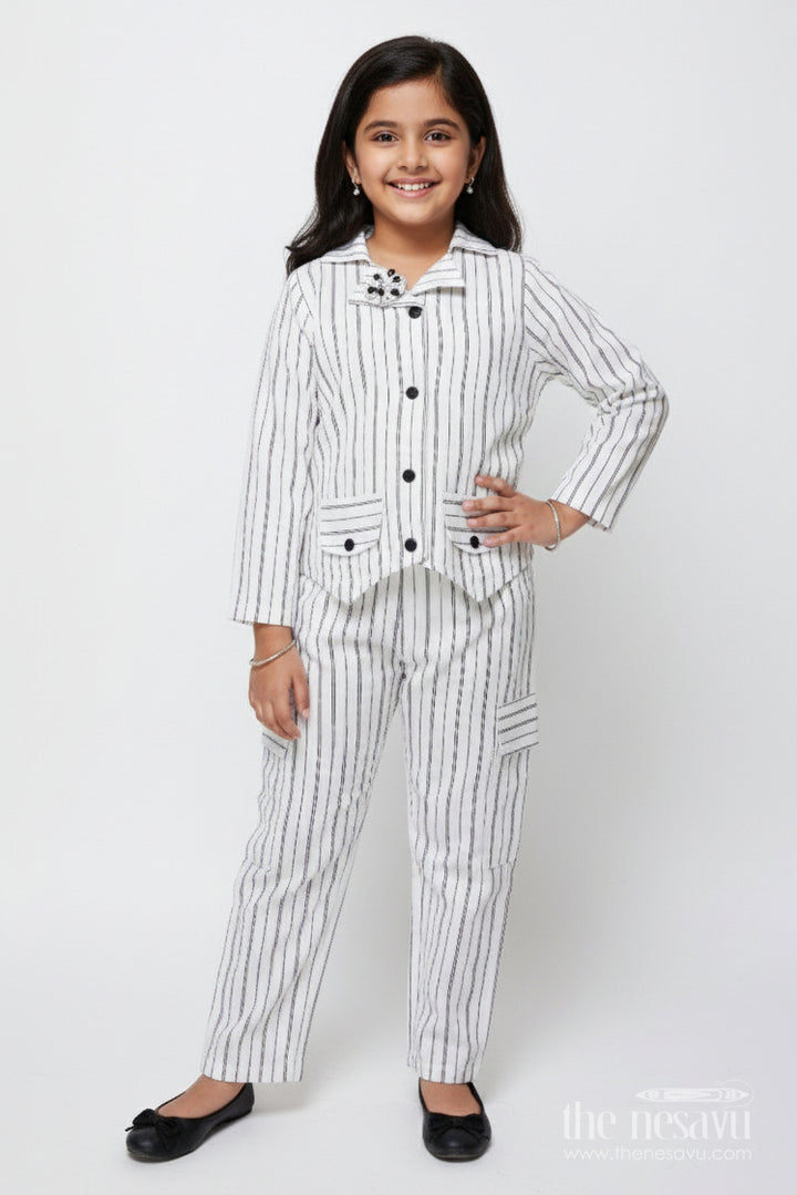 The Nesavu Girls Co-Ord Sets Girls Striped Co-Ord Set for School Programs and Casual Ethnic Wear Nesavu 22 (4Y) / Half white GPS905A-22 Nesavu girls striped cotton co-ord set floral brooch school ethnic wear casual events