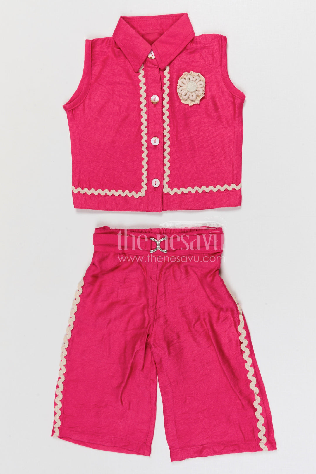 The Nesavu Girls Co-Ord Sets Girls Stylish Bubble Crepe Co-ord Set for Trendy Summer Outings Nesavu 18 (2Y) / Pink / Bubble GCS018D-18 Nesavu girls bubble crepe co-ord set with sleeveless top and shorts for stylish summer wear