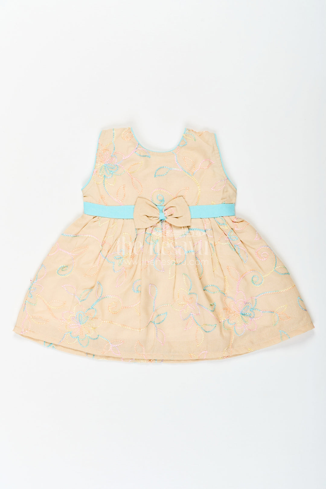 The Nesavu Baby Cotton Frocks Girls Stylish Cotton Frock with Multicolor Floral Embroidery and Aqua Waist Bow for Everyday Charm Nesavu 14 (6M) / Beige BFJ754B-14 Nesavu Stylish Cotton Frock Girls Multicolor Floral Embroidery Aqua Bow Accent