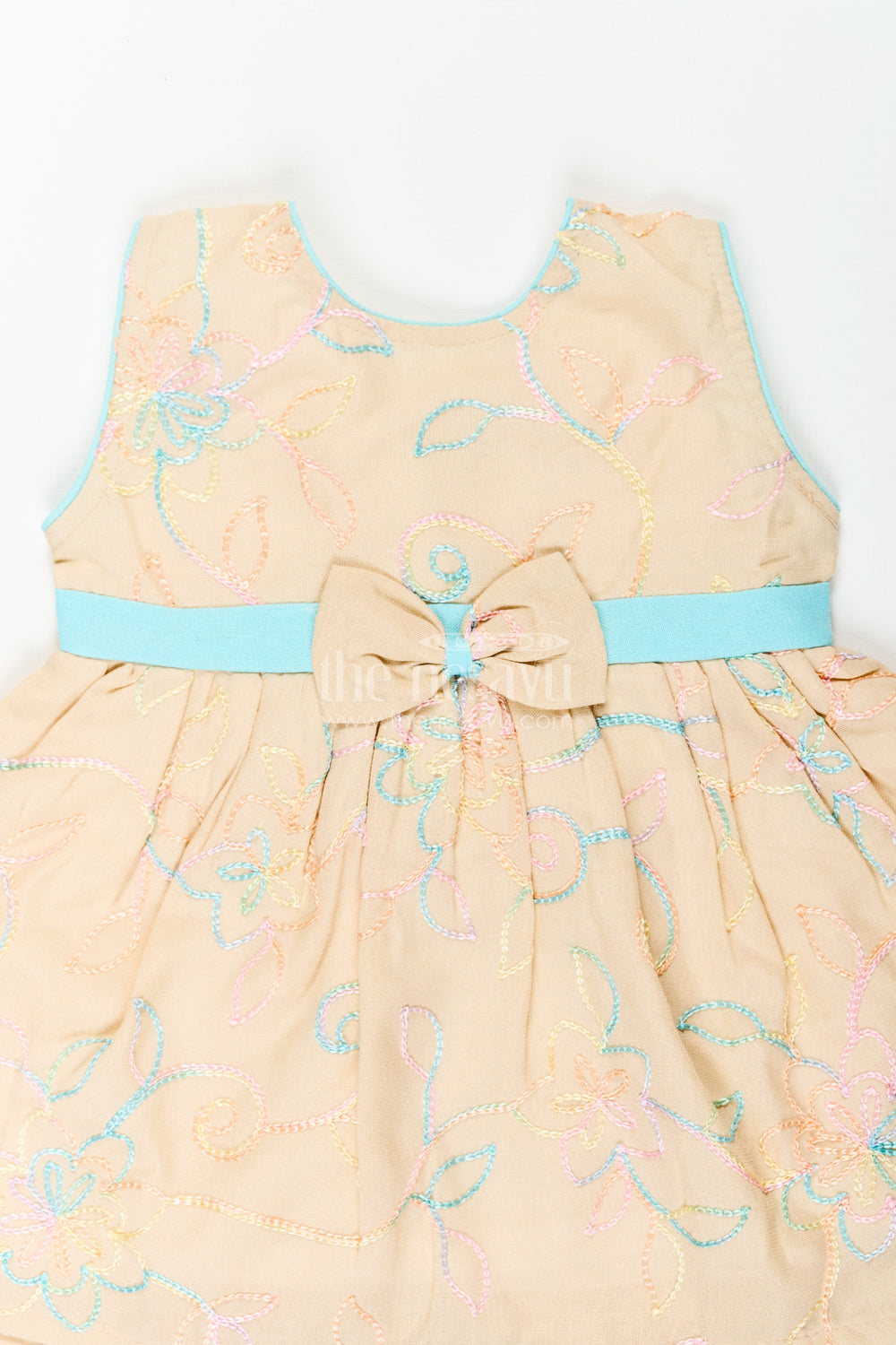 The Nesavu Baby Cotton Frocks Girls Stylish Cotton Frock with Multicolor Floral Embroidery and Aqua Waist Bow for Everyday Charm Nesavu Nesavu Stylish Cotton Frock Girls Multicolor Floral Embroidery Aqua Bow Accent