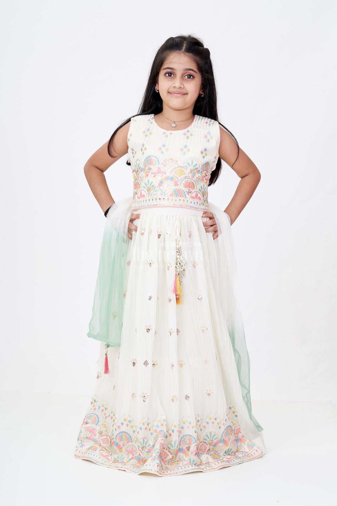 The Nesavu Girls Lehenga Choli Girls Stylish Lehenga Choli Design with Intricate Embroidery and Sequin Accents for Grand Occasions Nesavu 24 (5Y) / Cream GL598A-24 Nesavu Girls Stylish Lehenga Choli Design Embroidery Sequins Festive Wedding Wear