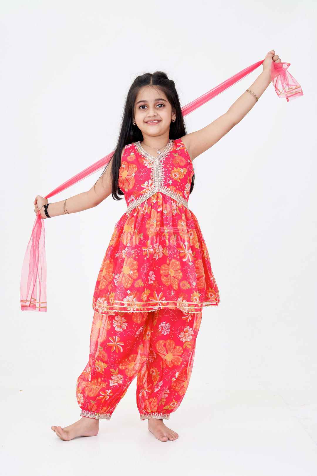 The Nesavu Girls Sharara / Plazo Set Girls Stylish Sharara Set in Red with Floral Digital Prints and Embroidered Peplum Top Nesavu 16 (1Y) / Pink GPS511A-16 Nesavu Girls Floral Printed Stylish Sharara Set Embroidered Peplum Top