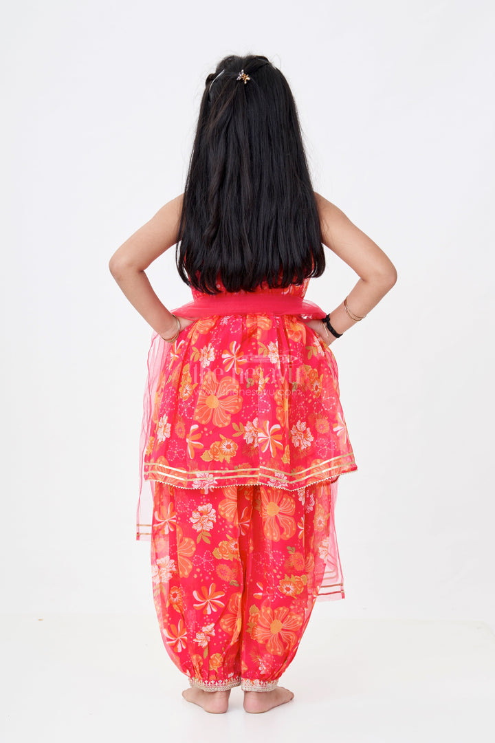 The Nesavu Girls Sharara / Plazo Set Girls Stylish Sharara Set in Red with Floral Digital Prints and Embroidered Peplum Top Nesavu Nesavu Girls Floral Printed Stylish Sharara Set Embroidered Peplum Top