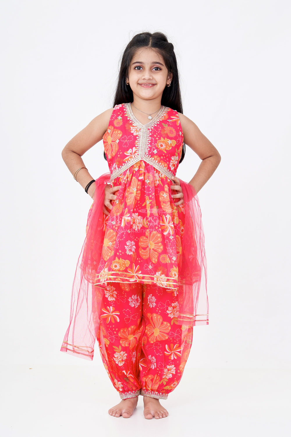 The Nesavu Girls Sharara / Plazo Set Girls Stylish Sharara Set in Red with Floral Digital Prints and Embroidered Peplum Top Nesavu Nesavu Girls Floral Printed Stylish Sharara Set Embroidered Peplum Top
