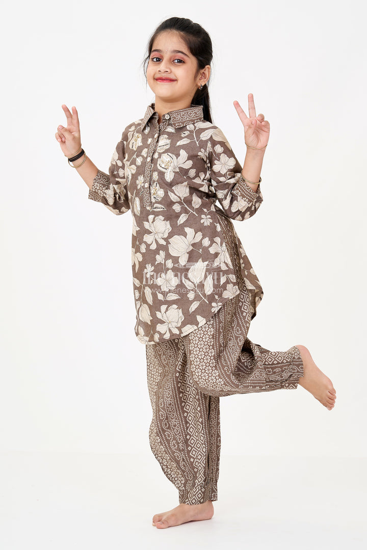 The Nesavu Girls Sharara / Plazo Set Girls Suit Co-ord Set with Floral Printed Kurti and Ethnic Patterned Pants in Earthy Tones Nesavu 24 (5Y) / Gray GPS551A-24 Nesavu Girls Suit Co-ord Set Floral Kurti Ethnic Patterned Pants Earthy Tones