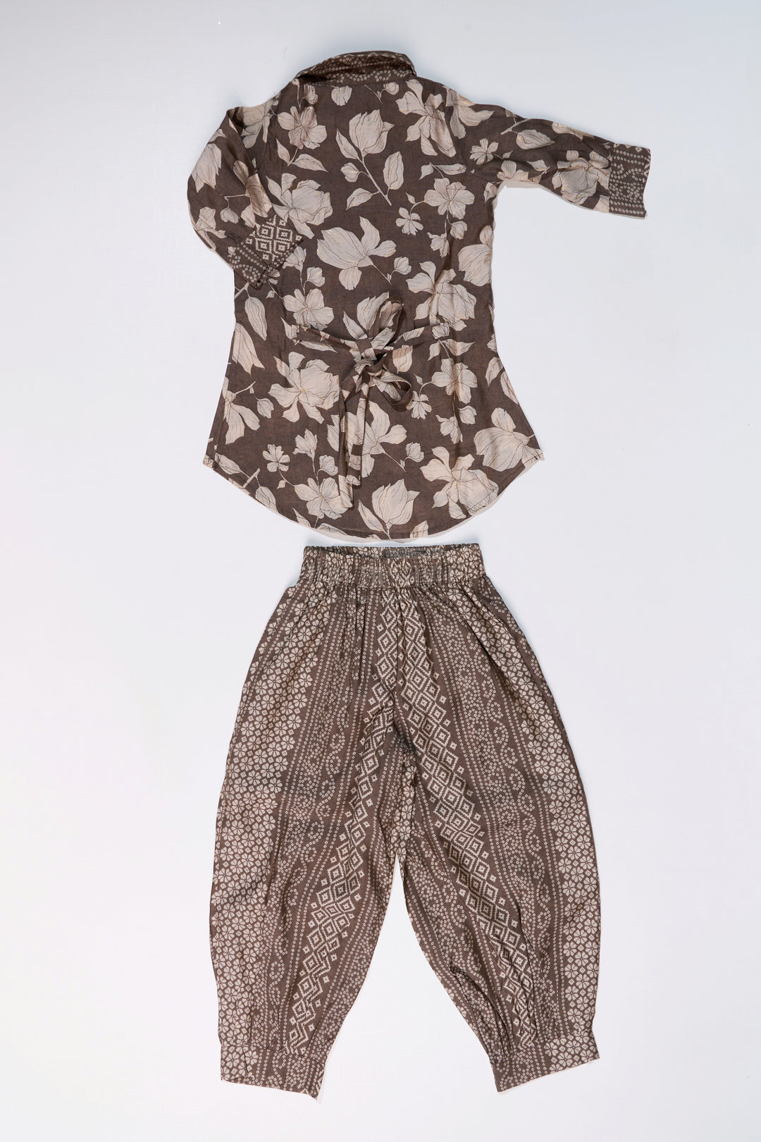 The Nesavu Girls Sharara / Plazo Set Girls Suit Co-ord Set with Floral Printed Kurti and Ethnic Patterned Pants in Earthy Tones Nesavu Nesavu Girls Suit Co-ord Set Floral Kurti Ethnic Patterned Pants Earthy Tones