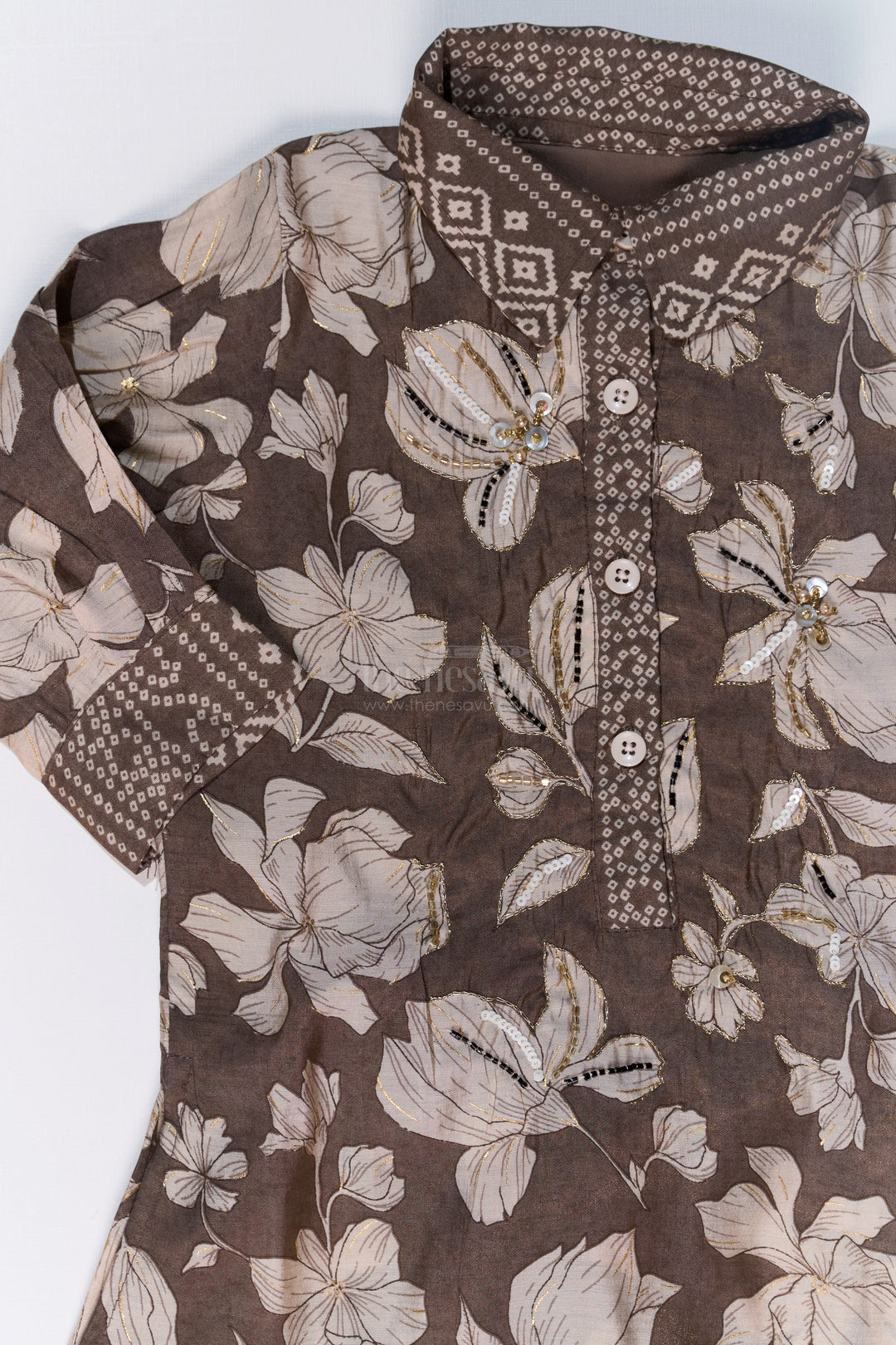 The Nesavu Girls Sharara / Plazo Set Girls Suit Co-ord Set with Floral Printed Kurti and Ethnic Patterned Pants in Earthy Tones Nesavu Nesavu Girls Suit Co-ord Set Floral Kurti Ethnic Patterned Pants Earthy Tones