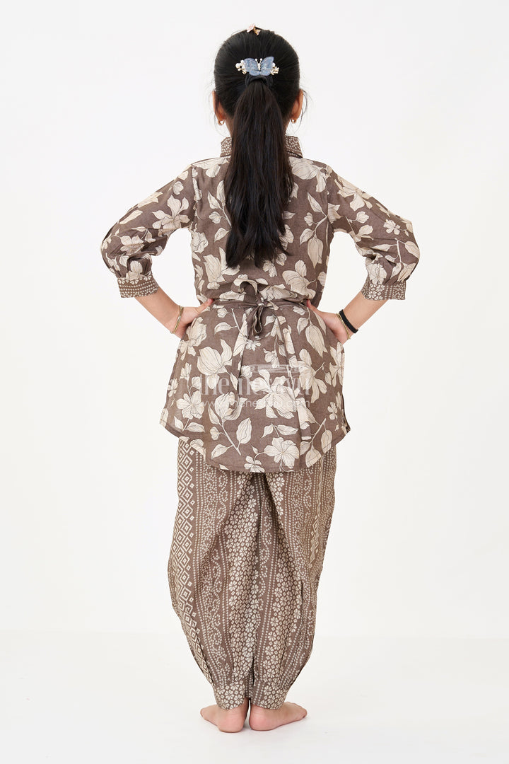 The Nesavu Girls Sharara / Plazo Set Girls Suit Co-ord Set with Floral Printed Kurti and Ethnic Patterned Pants in Earthy Tones Nesavu Nesavu Girls Suit Co-ord Set Floral Kurti Ethnic Patterned Pants Earthy Tones