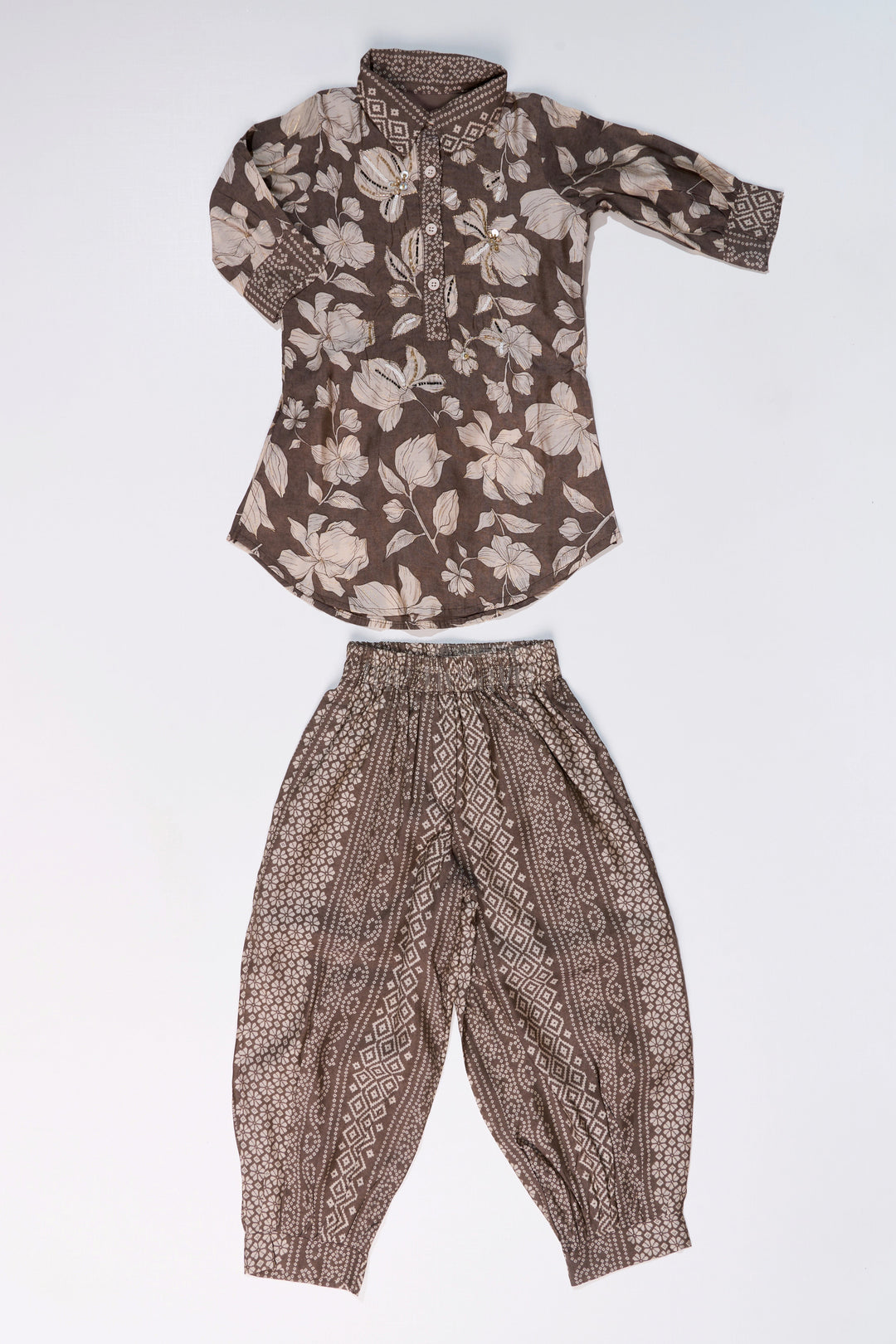 The Nesavu Girls Sharara / Plazo Set Girls Suit Co-ord Set with Floral Printed Kurti and Ethnic Patterned Pants in Earthy Tones Nesavu Nesavu Girls Suit Co-ord Set Floral Kurti Ethnic Patterned Pants Earthy Tones