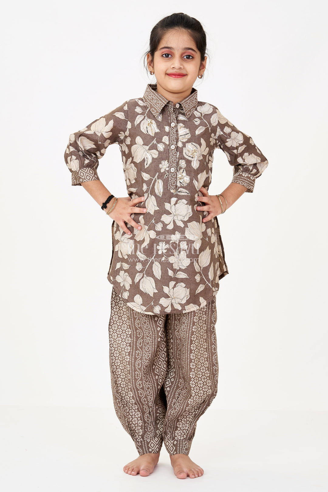 The Nesavu Girls Sharara / Plazo Set Girls Suit Co-ord Set with Floral Printed Kurti and Ethnic Patterned Pants in Earthy Tones Nesavu Nesavu Girls Suit Co-ord Set Floral Kurti Ethnic Patterned Pants Earthy Tones